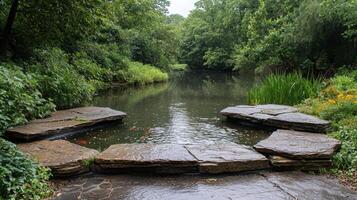 A tranquil pond with stepping stones surrounded by lush greenery photo