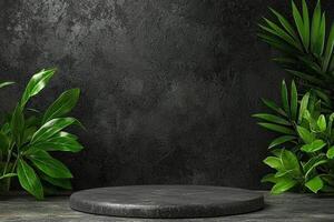 Product display podium with tropical leaves against a dark textured background photo