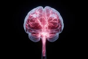 Brain with glowing neural activity on a black background photo