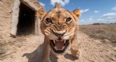 Close up of a snarling lion running towards the camera photo