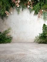 Festive greenery and string lights adorn a textured wall and floor, creating a warm and inviting atmosphere photo