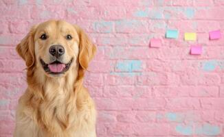 Happy golden retriever dog in front of a pink brick wall with sticky notes photo