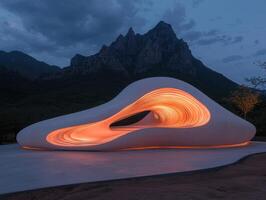 Futuristic architectural design illuminated at night with mountains in the background photo
