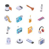 A collection of isometric icons representing various vintage and modern media devices vector