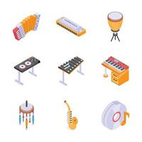 A set of isometric icons showcasing various musical instruments. vector