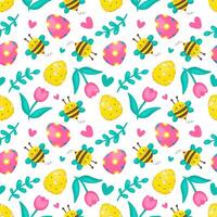 Easter pattern with eggs, tulip and bee. Spring seamless pattern. In cartoon style. In bright colours. Happy Easter. vector