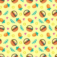Seamless Easter pattern with basket with eggs, carrot, flower. In cartoon style. On a light yellow background. Ideal for baby clothes, textiles, packaging, web backgrounds vector