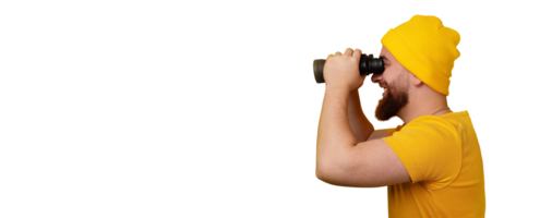 man standing in profile and looking into binoculars png