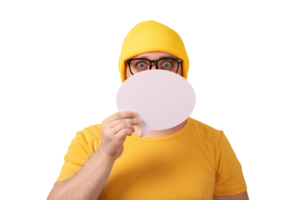 caucasian man holding speech bubble with empty space for text isolated on transparent background png
