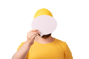 unidentified man holding speech bubble with empty space for text isolated on transparent background png