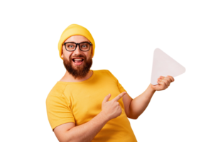 smiling man pointing at play button sign isolate png