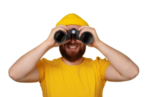smiling man looking into binoculars isolate png