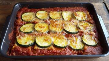 A mouthwatering baked pasta dish featuring layers of pasta, marinara sauce, zucchini slices, and melted cheese. Perfect for a hearty meal enjoyed during a cozy dinner at home. photo