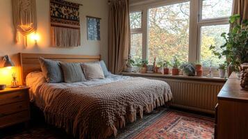 A serene bedroom featuring a comfortable bed draped in a cozy blanket. Natural light streams through large windows, illuminating the plants along the sill and creating a peaceful atmosphere. photo