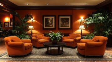 Softly glowing lights illuminate a cozy seating area featuring four orange armchairs arranged around a round table, complemented by lush greenery and framed artwork on the walls. photo