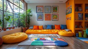 A bright playroom features large yellow cushions, vibrant artwork on the walls, and a colorful rug. Sunlight streams in through large windows, creating a cheerful atmosphere. photo