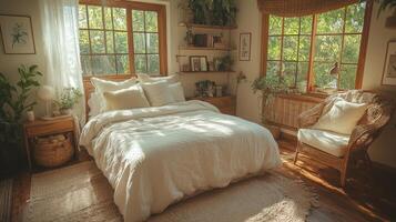 Bright and inviting bedroom featuring a comfortable bed, natural decor, and large windows allowing warm sunlight to filter in. The room is adorned with plants, creating a peaceful atmosphere. photo