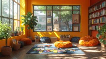This inviting reading nook features bright orange walls and large windows, allowing natural light to flood the space. photo