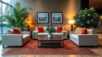 This inviting lounge area features comfortable sofas adorned with orange cushions, a central coffee table, and lush greenery, creating a perfect space for relaxation. photo