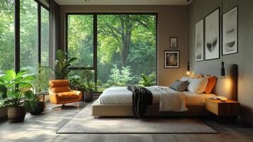 A well-designed bedroom featuring a comfortable bed and stylish furnishings. Large windows illuminate the space with natural light while offering views of surrounding greenery. photo