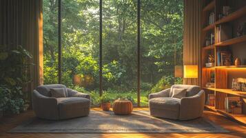 Soft sunlight filters through large windows, illuminating a cozy living area with two plush chairs. A small table sits between them, surrounded by a vibrant green garden. photo