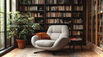 A snug reading corner features a contemporary chair next to a vibrant plant. Bookshelves lined with books create a warm atmosphere ideal for relaxing or reading. photo