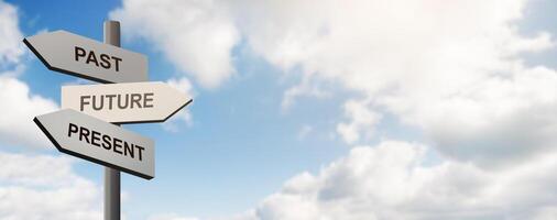 Past, future, present. Pointer with arrows in front of blue sky with clouds, panorama, copy space photo