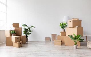 A lot of cardboard boxes with stuff and plants on floor in room with window without furniture in morning, free space, sun flare. Moving, buying new apartment, rent flat, credit and mortgage, nobody photo