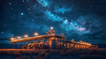 An industrial facility stands illuminated at night, with bright lights contrasting against a backdrop of a stunning starry sky, highlighting the beauty of nature and technology's impact. photo