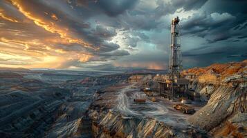 A drilling rig stands tall on the edge of a vast quarry, surrounded by rugged terrain. The sky is filled with swirling clouds as sunset casts vibrant colors over the landscape. photo