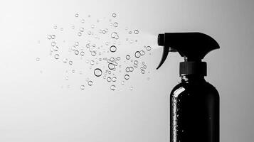 A black spray bottle releases fine droplets of cleaning solution, creating a mist. photo