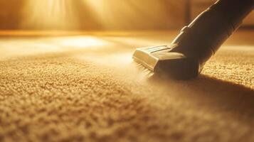 A hand using a vacuum cleaner gently glides over a carpet, capturing dirt and dust while sunlight streams in. This scene captures the essence of spring cleaning, promoting a fresh start. photo