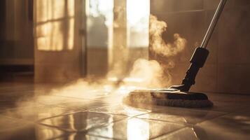 A person uses a steam mop to clean tiled floors in a bright room. Sunlight filters through the windows, creating a warm atmosphere filled with steam rising from the floor. photo
