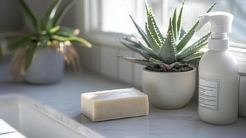 A clean countertop showcases a bar of soap, a bottle of liquid cleanser, and a decorative plant. Sunlight streams in, highlighting the organized space and promoting a fresh, inviting atmosphere. photo