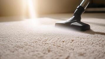 A person uses a vacuum to clean a light-colored carpet in a bright room, focusing on eliminating dust and allergens. Sunlight shines through a nearby window, enhancing the cleanliness of the space. photo