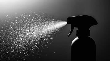 A close-up of a spray bottle releasing a fine mist, illustrating the process of spring cleaning. The background is dark, emphasizing the spray's movement and creating a fresh atmosphere of renewal. photo