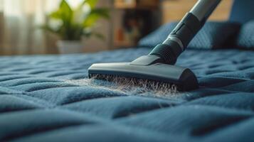 A person uses a vacuum cleaner on a blue mattress as part of their spring cleaning routine in a well-lit, tidy room. The process highlights the importance of cleanliness and organization. photo