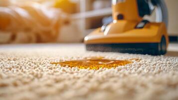 Bright sunlight filters into a clean home where an advanced vacuum cleaner removes stubborn stains from a soft carpet. photo