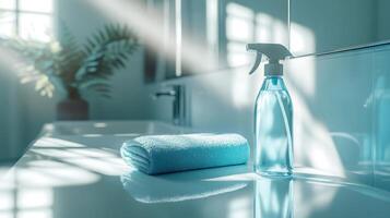 A brightly lit bathroom features a spray bottle and a blue towel on a sleek countertop. Sunlight pours through the window, creating a fresh atmosphere ideal for spring cleaning. photo