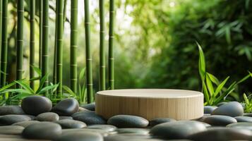 A wooden podium is placed amidst smooth stones in a tranquil spring garden. Bamboo stalks rise around the area, creating a peaceful, natural atmosphere ideal for presentations or displays. photo