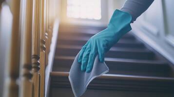 A hand wearing a blue glove wipes a wooden stair railing as part of a thorough spring cleaning process. This routine activity helps maintain a tidy and inviting home environment. photo