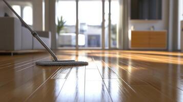 A clean, bright living area features polished wooden floors reflecting sunlight. An AI-assisted cleaning device works diligently, ensuring every corner shines during spring cleaning. photo