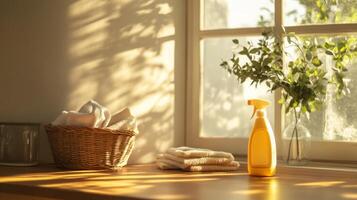 Sunlight illuminates a kitchen countertop where a bottle of cleaning spray stands next to folded towels and a basket of laundry. Fresh plants add a touch of nature to the tidy setting. photo