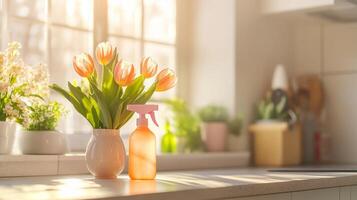 Bright sunlight streams into a cozy kitchen where a vase with tulips sits next to a spray bottle. This spring cleaning setup emphasizes a refreshing and inviting atmosphere for home care. photo