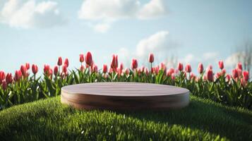 A circular wooden podium sits on a grassy mound, framed by blooming red tulips under a bright blue sky with fluffy clouds. This setup creates a tranquil atmosphere, ideal for outdoor events. photo