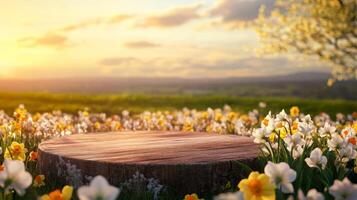 A wooden podium stands prominently in a field filled with colorful spring flowers under a bright sky. The scene captures the beauty of nature during the early spring season, with a stunning backdrop. photo