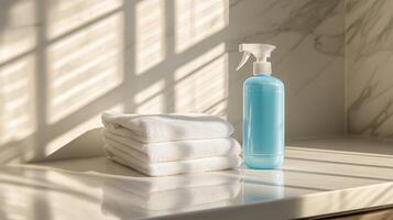 Sunlight filters through a window, casting shadows on a clean countertop. A spray bottle of blue cleaning solution stands next to neatly stacked white towels, ready for spring cleaning tasks. photo