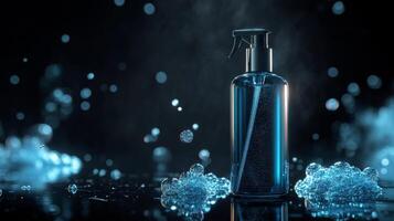 A sleek blue spray bottle sits on a reflective surface with scattered water droplets, emphasizing the need for advanced cleaning solutions in spring cleaning and home organization. photo