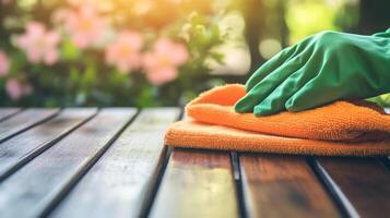 Hands wearing green gloves wipe down a wooden table using an orange cloth in a vibrant garden during spring. Fresh blooms and sunshine create a lively atmosphere perfect for cleaning. photo