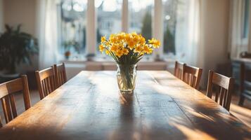A tidy dining area is enhanced by a vase of vibrant yellow flowers placed on a rustic wooden table. Sunlight streams through large windows, illuminating the warm and inviting space. photo